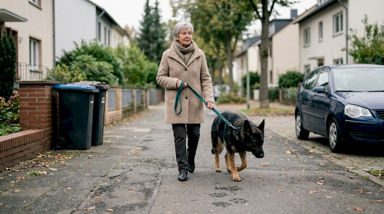 Eine Frau geht mit ihrem Hund durch eine ruhige Wohngegend spazieren.