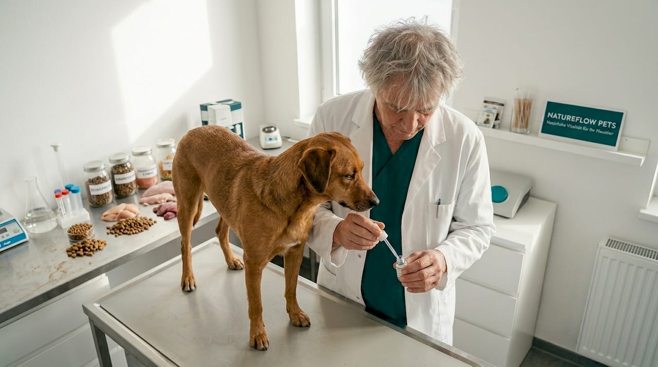 Der Hund wird vom Tierarzt auf sein Mikrobiom untersucht.