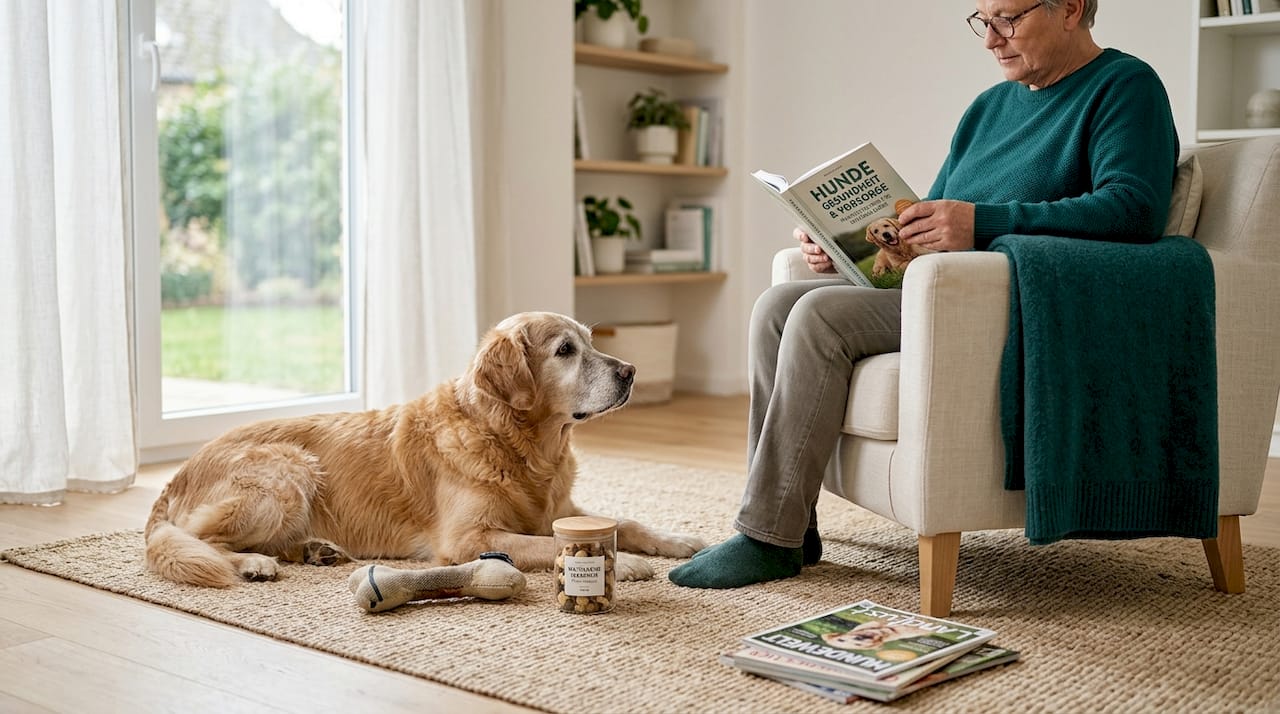 Gemütlicher Abend: Ein Hund macht es sich gemeinsam mit seinem Herrchen im Wohnzimmer bequem.