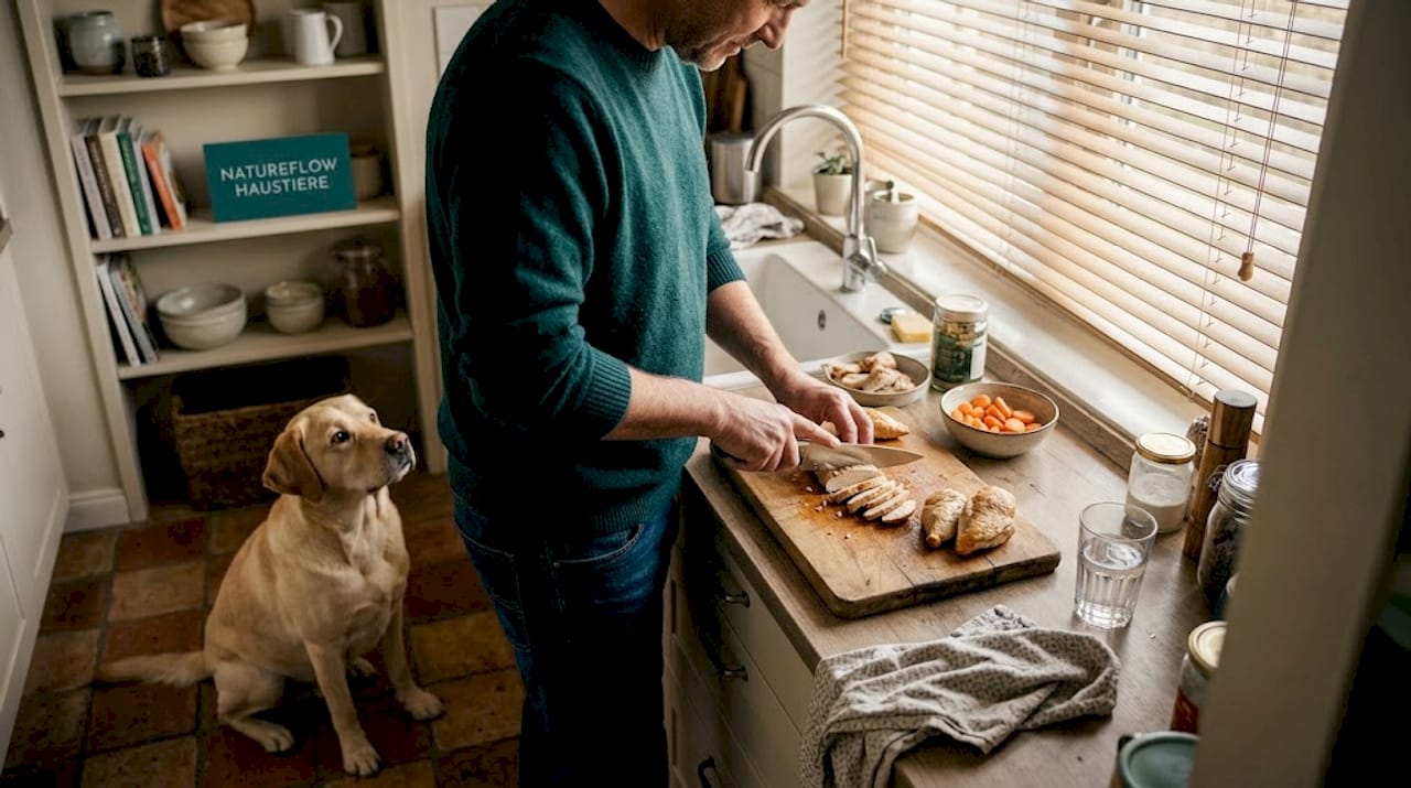 Hundehalter bereitet eine frische, eiweißreiche Mahlzeit für seinen Vierbeiner zu.