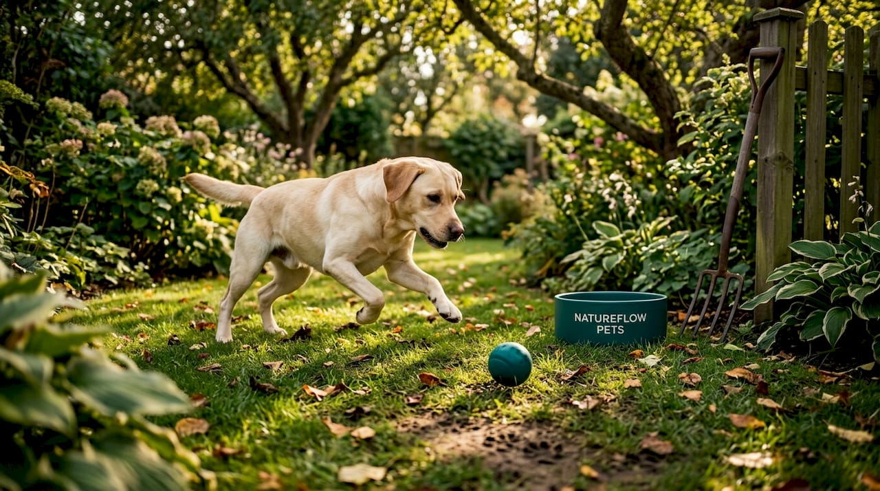 Ein lebhafter Hund tobt und rennt voller Energie draußen im Freien.