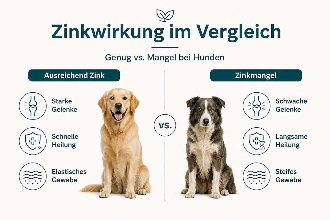 Infografik: Wie Zink die Gelenkgesundheit Ihres Hundes beeinflusst – Vergleich zwischen optimaler Versorgung und Zinkmangel