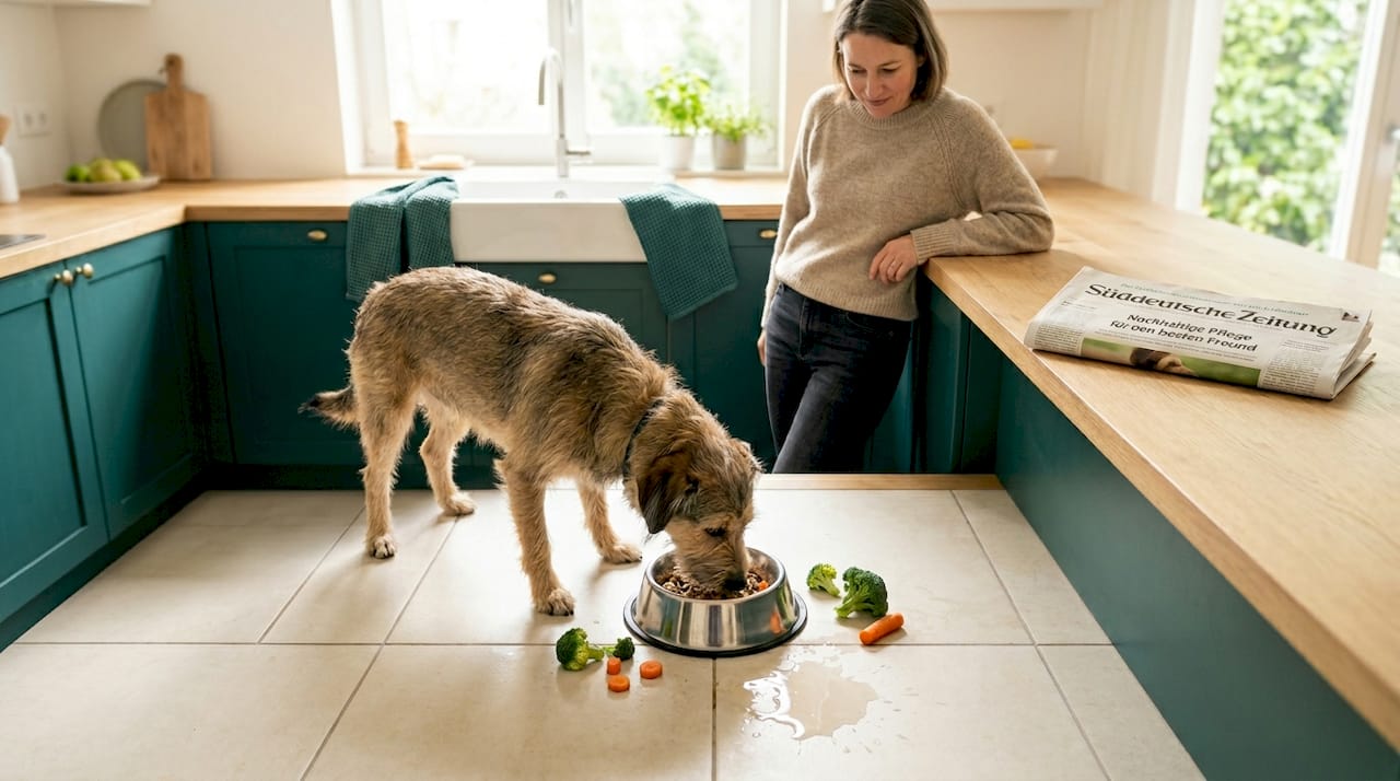 In der Küche genießt der Hund sein Gemüse aus dem Futternapf.