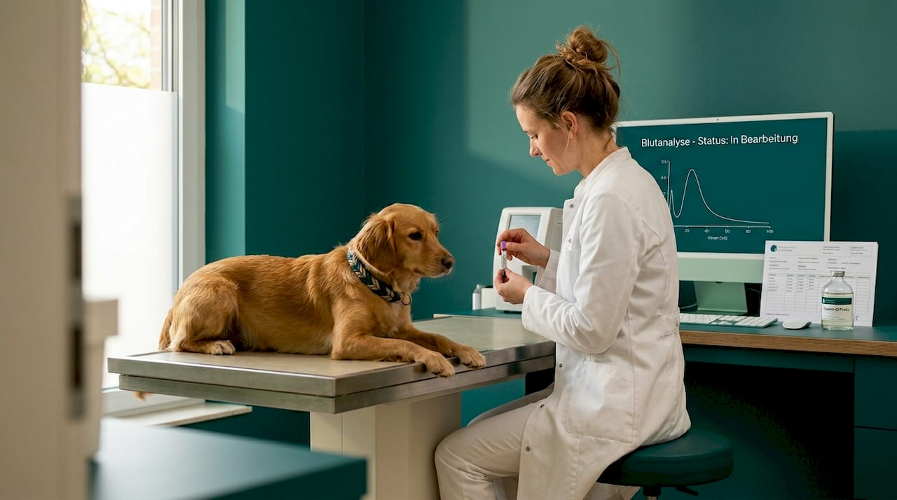 Eine Tierärztin prüft, ob der Hund ausreichend mit Vitamin D versorgt ist.