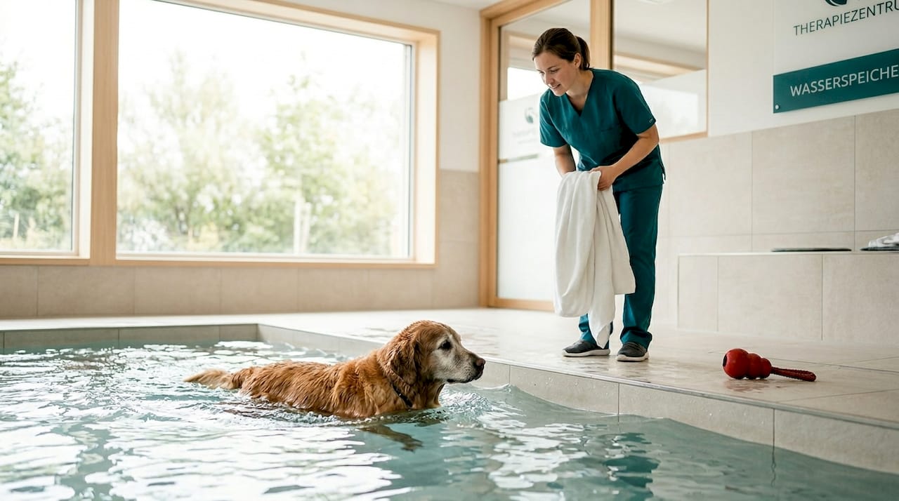Ein älterer Hund trainiert auf dem Unterwasserlaufband in einer Tierarztpraxis.