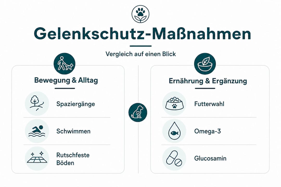 Infografik: So unterstützen Bewegung und Ernährung die Gelenkgesundheit Ihres Hundes – ein Vergleich