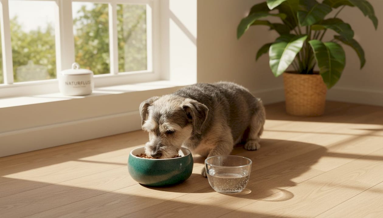 Ganz entspannt genießt der Hund seine Synbiotika aus dem Napf im Wohnzimmer.