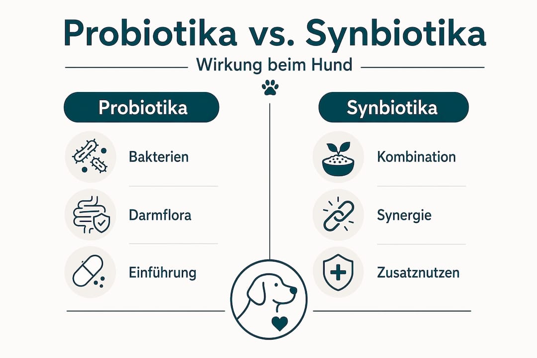 Eine anschauliche Grafik zeigt, wie sich Probiotika und Synbiotika bei Hunden unterscheiden und welche Vorteile sie jeweils bieten.
