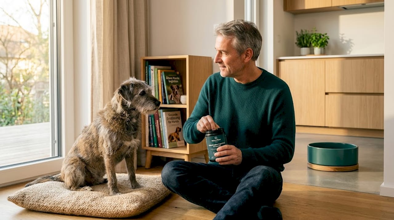 Der Hundebesitzer unterstützt seinen älteren Vierbeiner mit Nahrungsergänzungsmitteln.