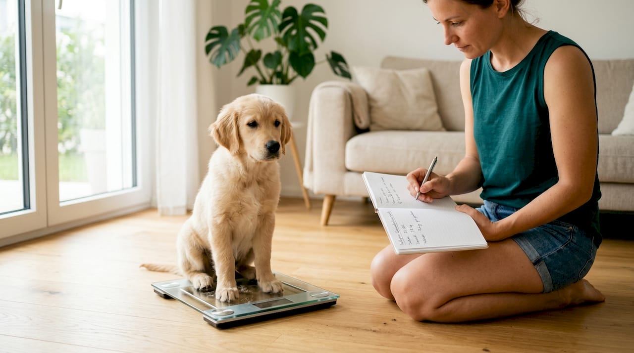 Im Flur steht ein kleiner Golden Retriever-Welpe neugierig auf der Waage und wird gewogen.