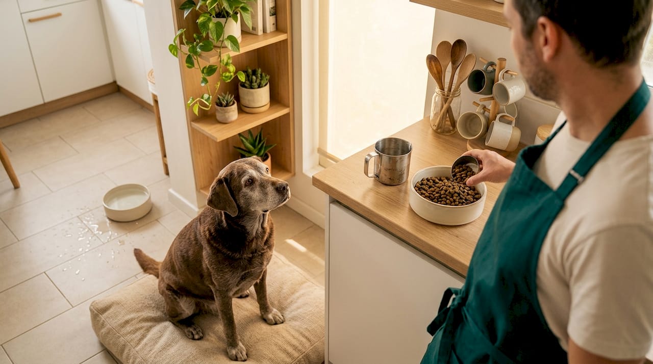 In der gemütlichen Wohnküche sitzt der Hund und wartet gespannt darauf, dass sein Napf endlich gefüllt wird.