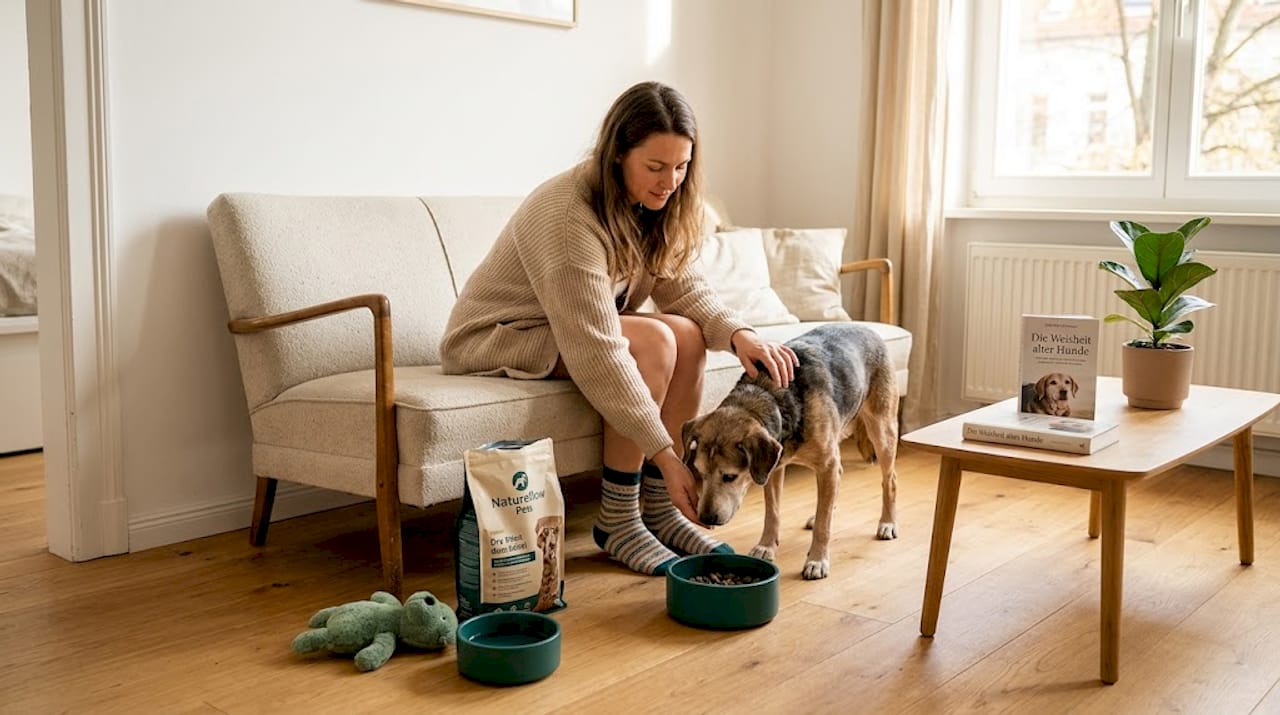Zu Hause gibt eine Frau ihrem Hund Trockenfutter.