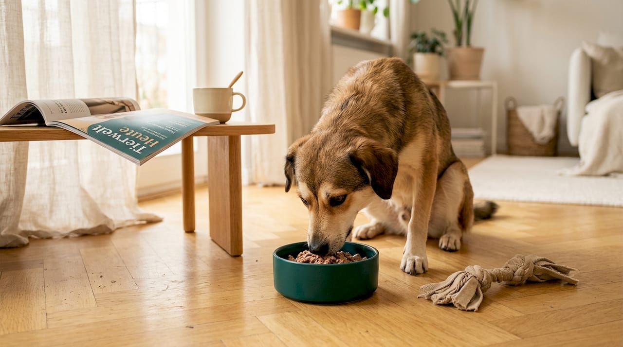Im Wohnzimmer frisst der Hund sein Nassfutter.