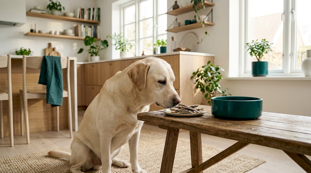 Ein Labrador steckt neugierig seine Nase in die Fischleckerlis auf dem Couchtisch.