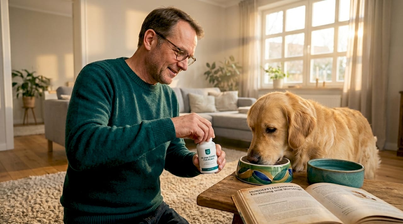 Ein Mann gibt seinem Hund ein Probiotikum.