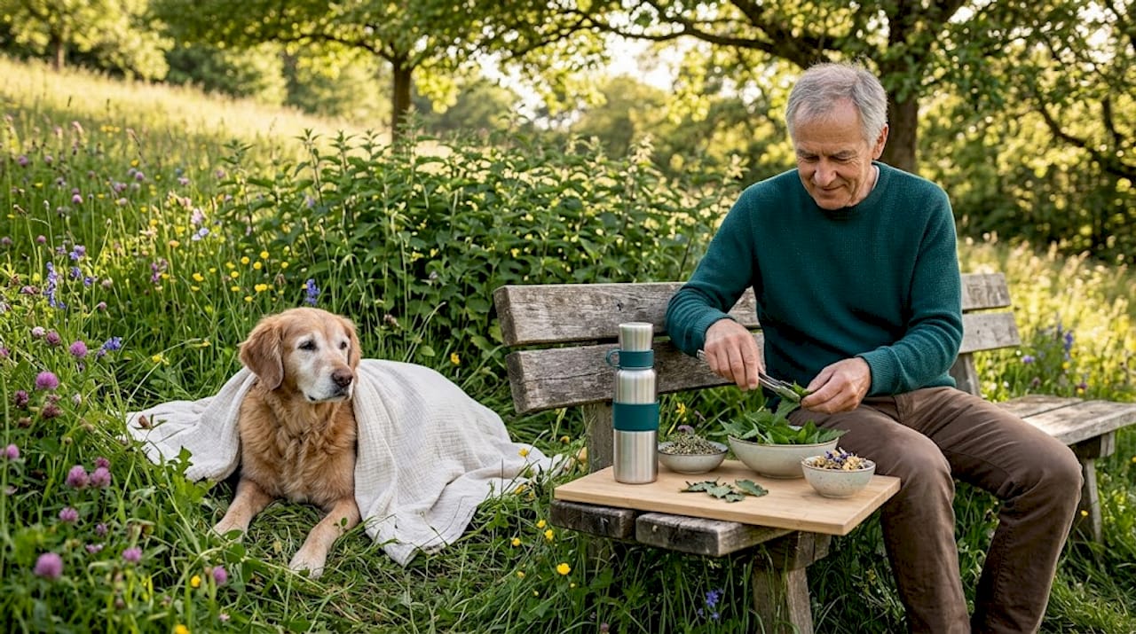 Ein Hund tollt auf der Wiese, während das Brennnesselextrakt schon bereitsteht.