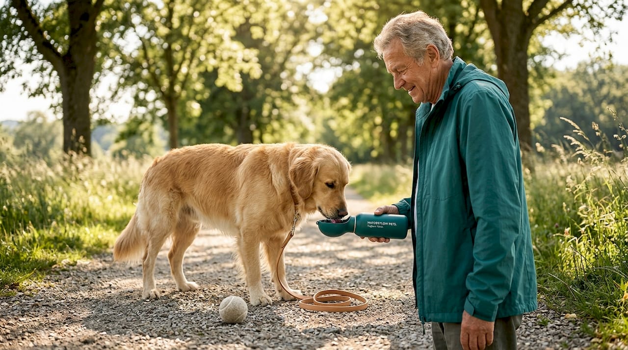 Beim Spaziergang im Park gönnt sich der Hund eine Erfrischung und trinkt Wasser.