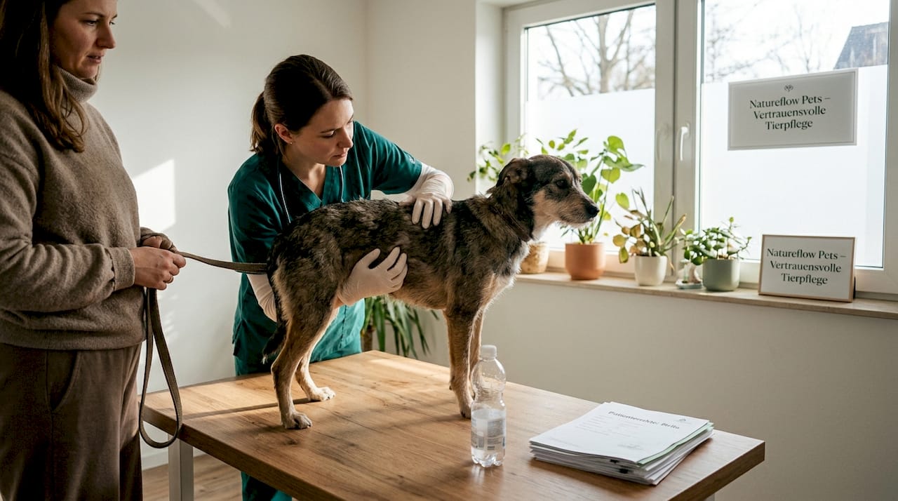 Der Tierarzt untersucht das Fell des Hundes, um Anzeichen eines Vitaminmangels festzustellen.