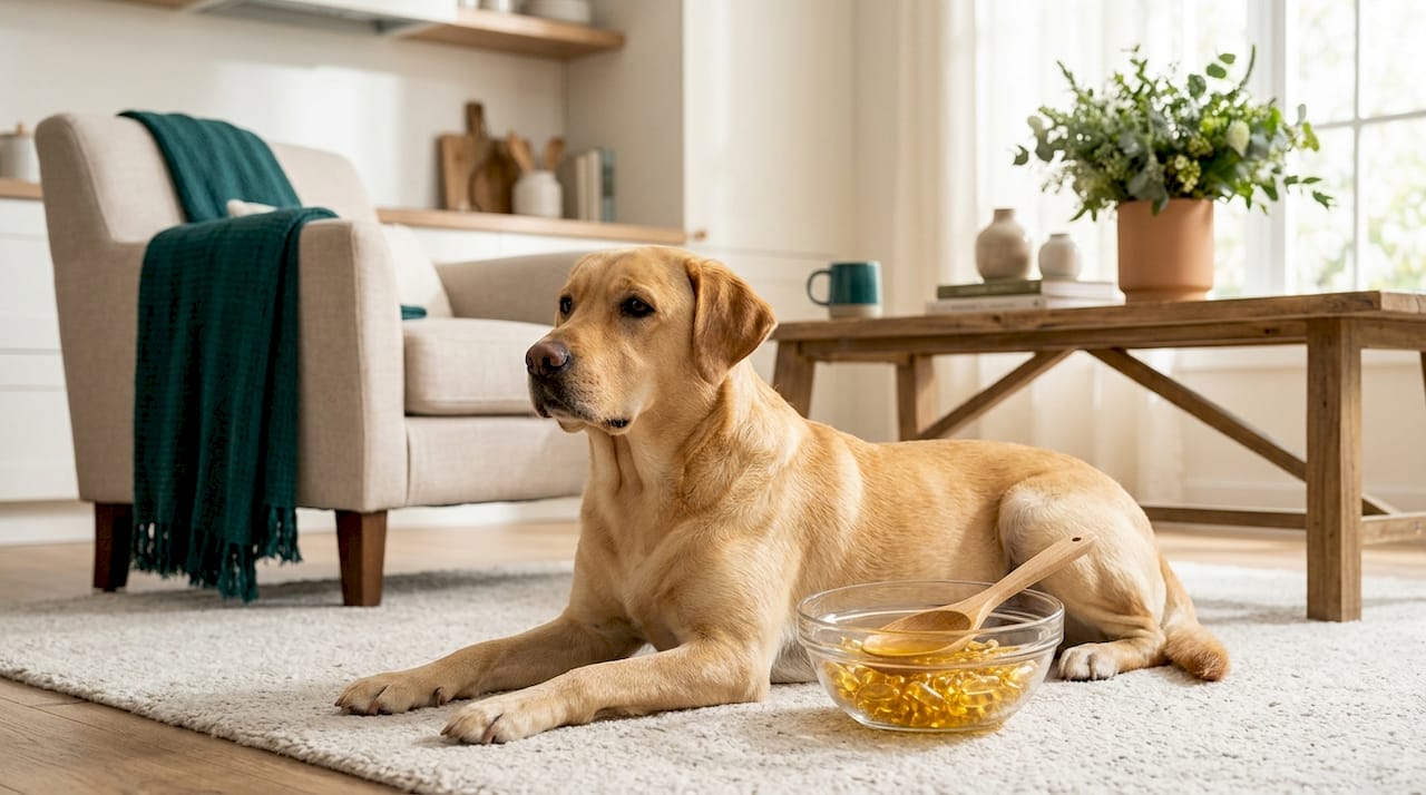 Ein Labrador liegt entspannt neben einer Flasche Omega-3-Öl.
