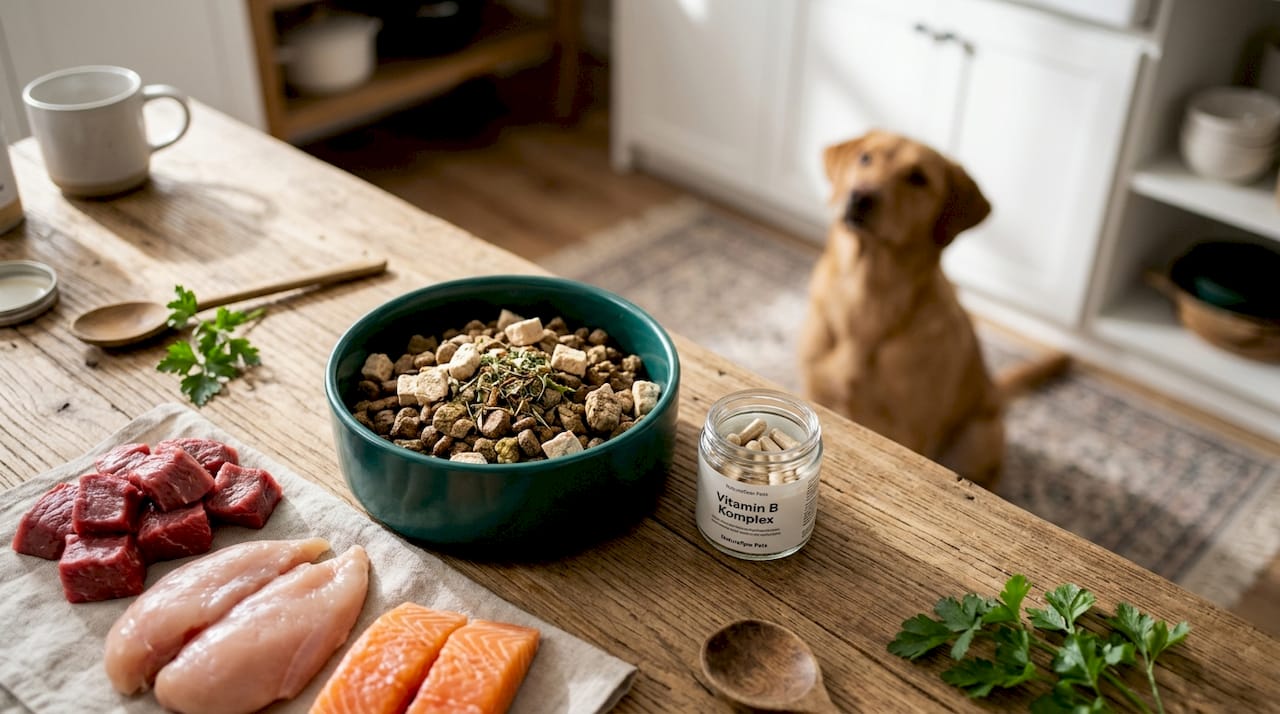 Hundefutter und Vitamin-B-Kapseln liegen gemeinsam auf dem Tisch.