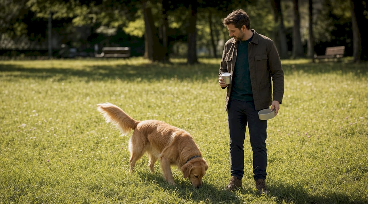 Ein Golden Retriever genießt im Freien seine täglichen Vitamine.