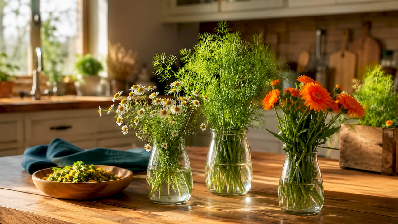 Detailreiche Aufnahme von frischer Kamille, Fenchel und Ringelblume – die Vielfalt heimischer Kräuter in ihrer ganzen Schönheit.