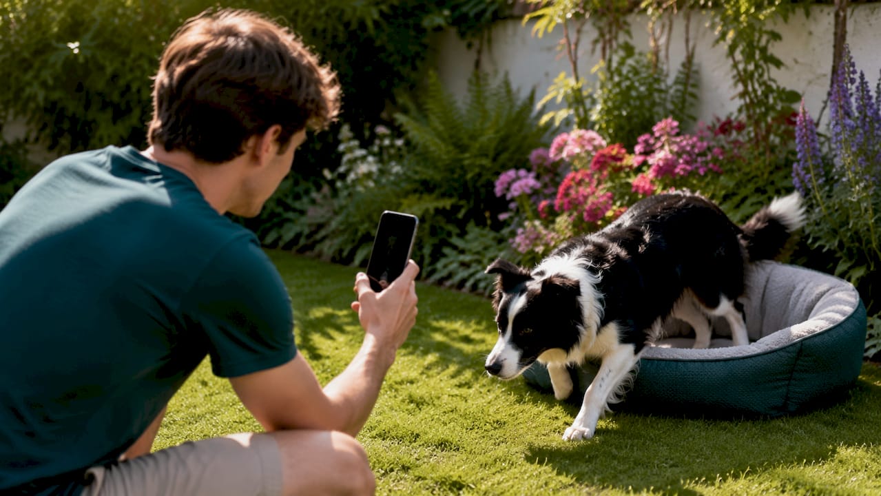 Der Moment, wenn der Hund morgens aufsteht und vom Herrchen mit der Kamera begleitet wird.