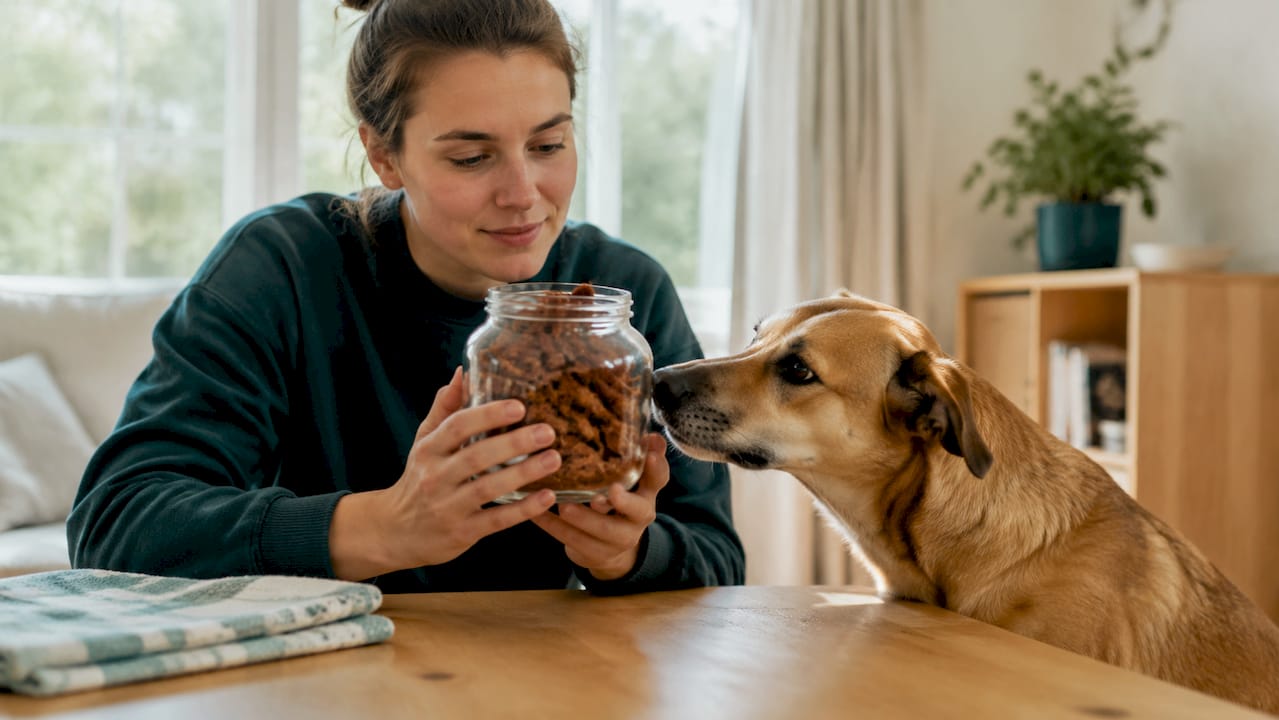 Jemand schaut sich gemeinsam mit seinem Hund natürliche Snacks an.