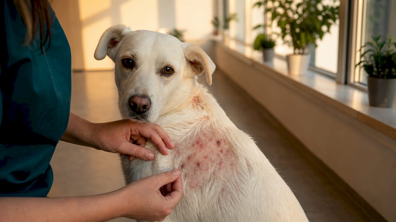 Bei der Untersuchung fällt auf, dass der Hund deutliche Hautprobleme zeigt.