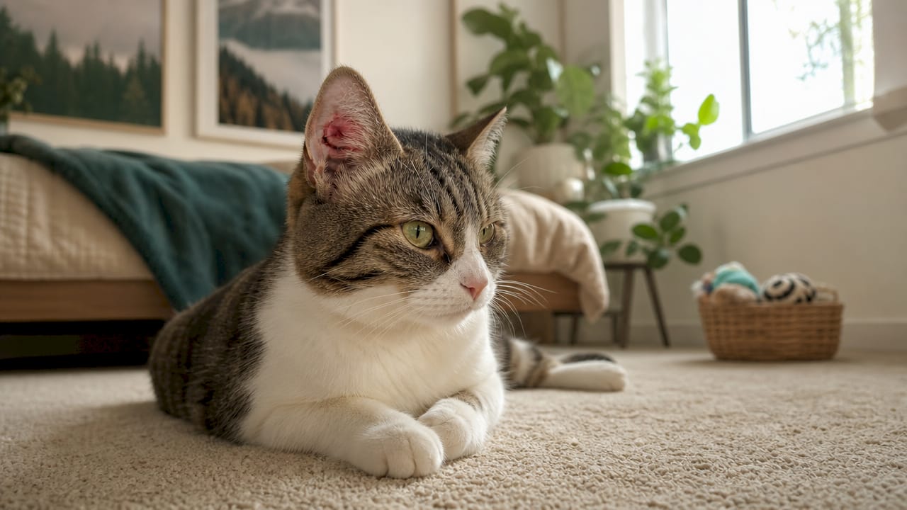Nahaufnahme eines entzündeten, geröteten und geschwollenen Katzenohrs