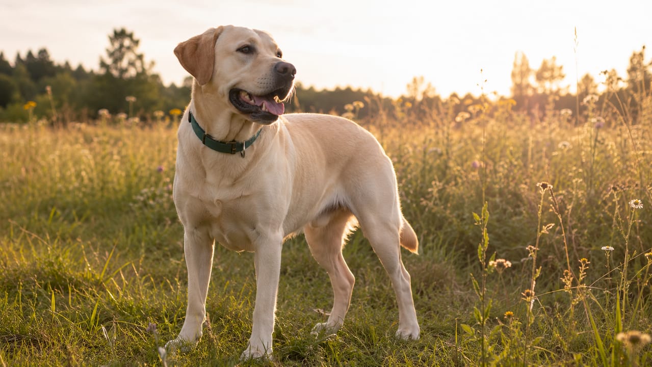 Ein gesunder Hund mit gelenkschonender Beinstellung genießt einen Spaziergang im Freien.