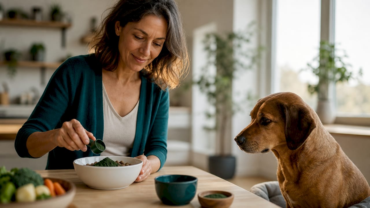 Ein Hundebesitzer mischt seinem Vierbeiner Spirulina ins Futter.