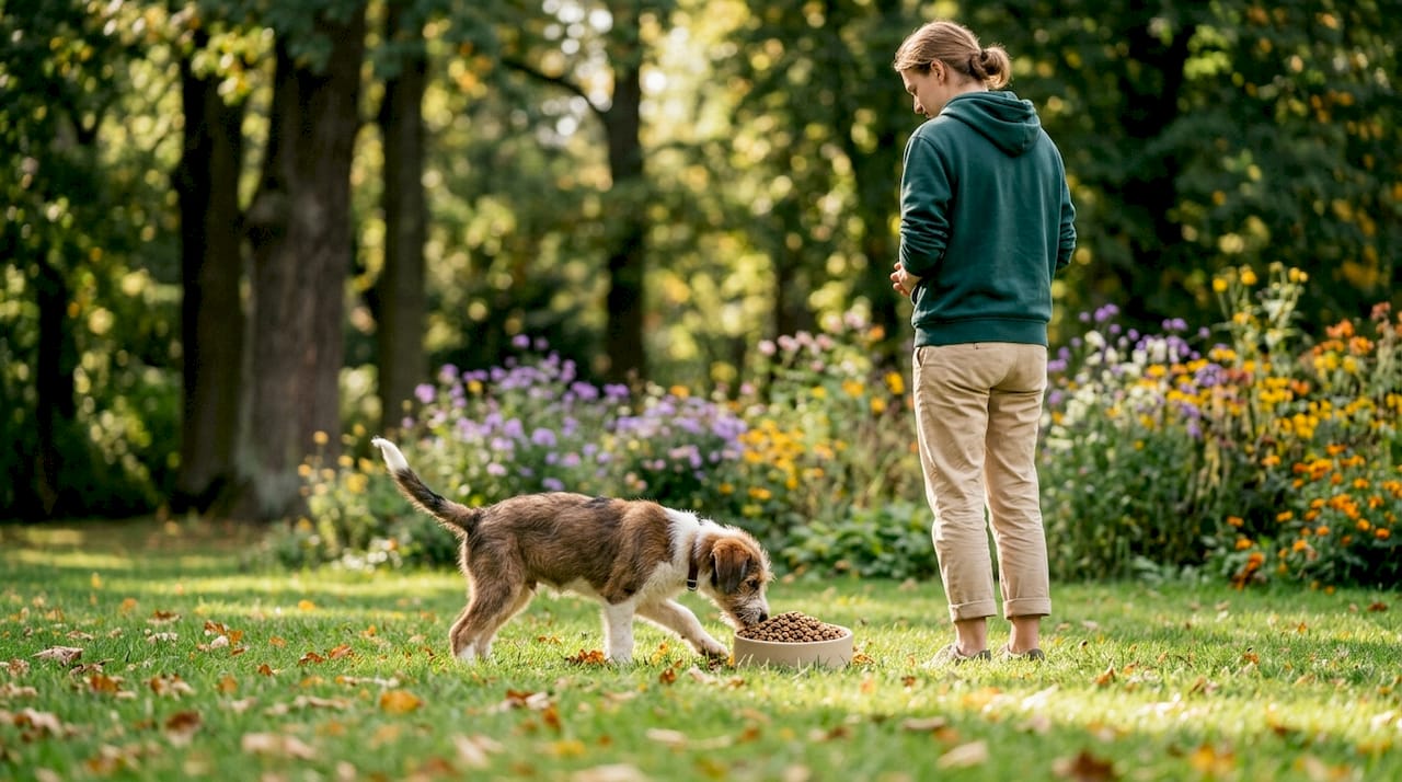 Der kleine Vierbeiner freut sich über eine Portion Premium-Hundefutter.