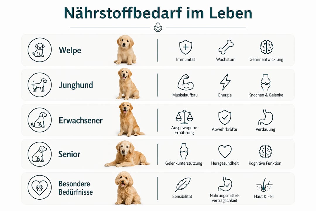 Diese Infografik veranschaulicht, welche Nährstoffe Hunde in den verschiedenen Lebensabschnitten benötigen.