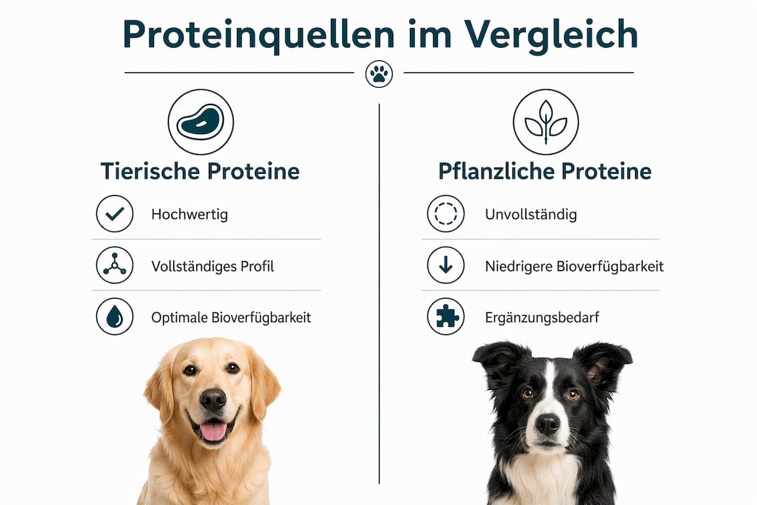 Infografik: Tierisches vs. pflanzliches Eiweiß in der Hundefütterung im Überblick