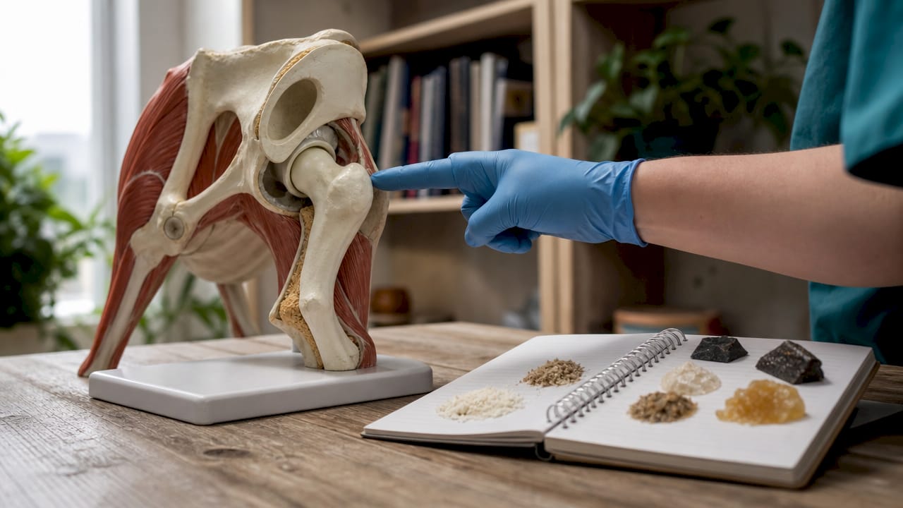 Detailaufnahme eines Hundegelenk-Modells mit Hinweisen auf wichtige Mineralstoffe