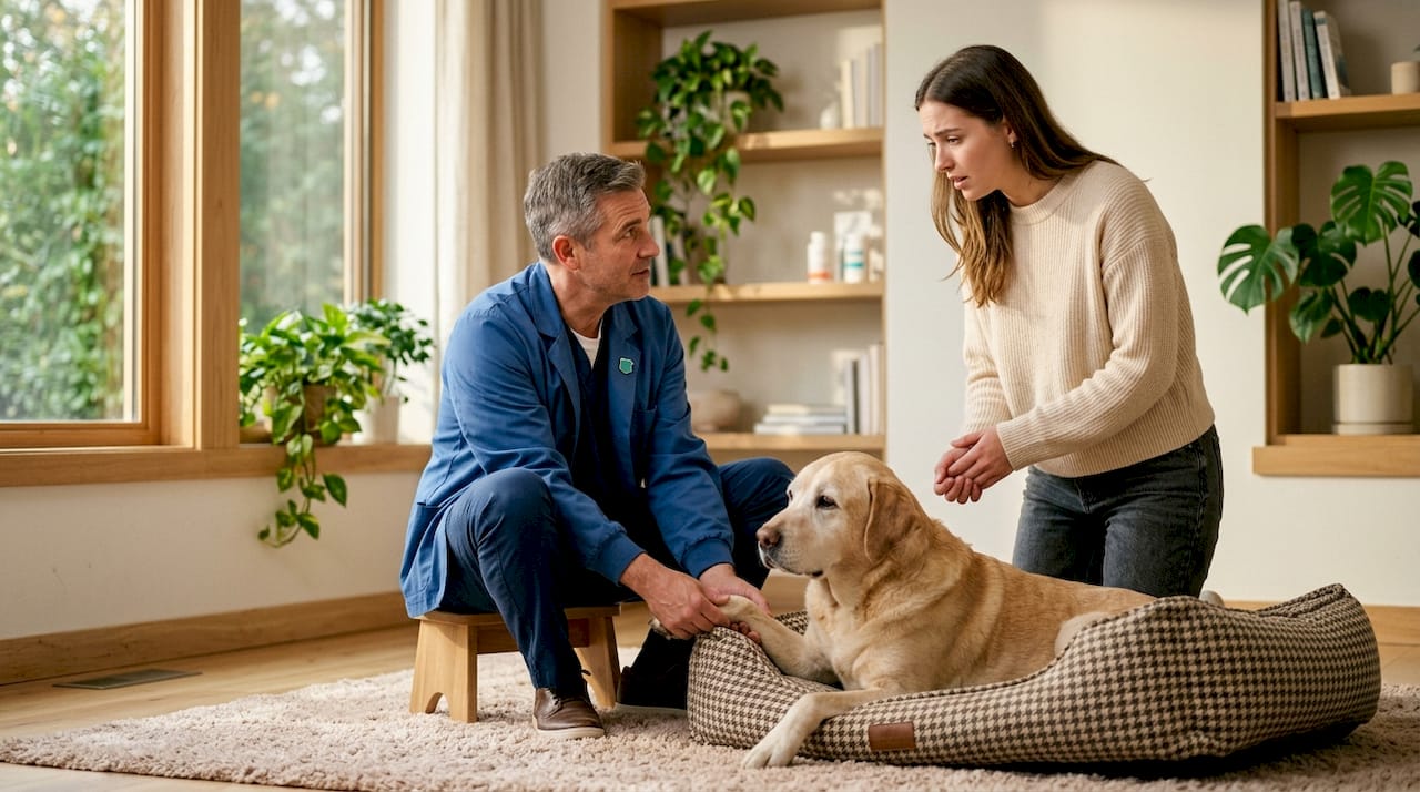 Ein Tierarzt informiert eine Hundebesitzerin darüber, wie sie die Gelenkgesundheit ihres Vierbeiners optimal unterstützen kann.