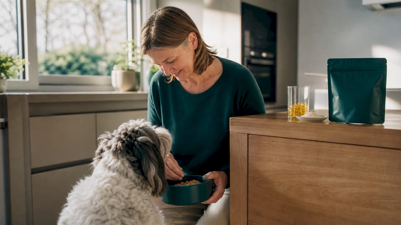 Eine Hundebesitzerin gibt ihrem Vierbeiner spezielles Futter zur Unterstützung der Gelenke.