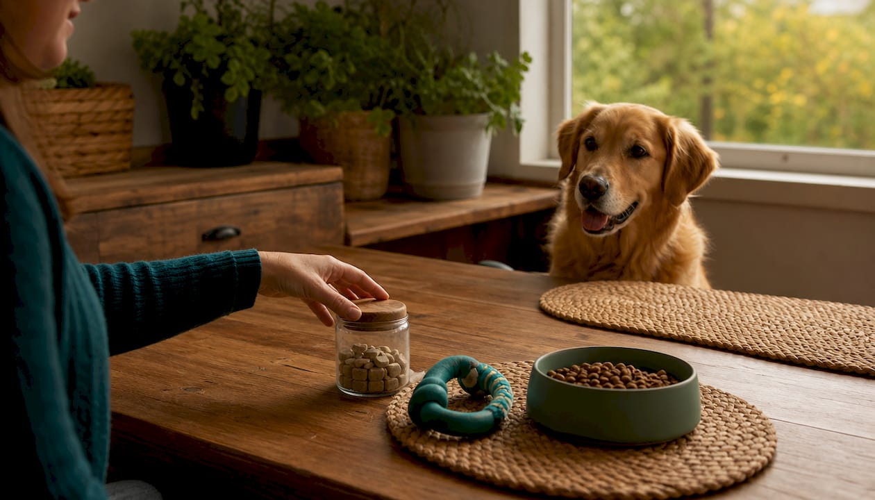Auf dem Küchentisch liegen ein Glucosamin-Präparat und ein Kausnack für den Hund.