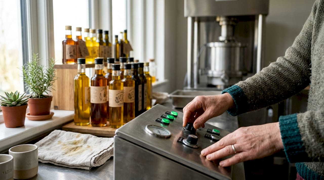 Ein Techniker überwacht die Kaltpressung von Hundeöl an der entsprechenden Anlage.