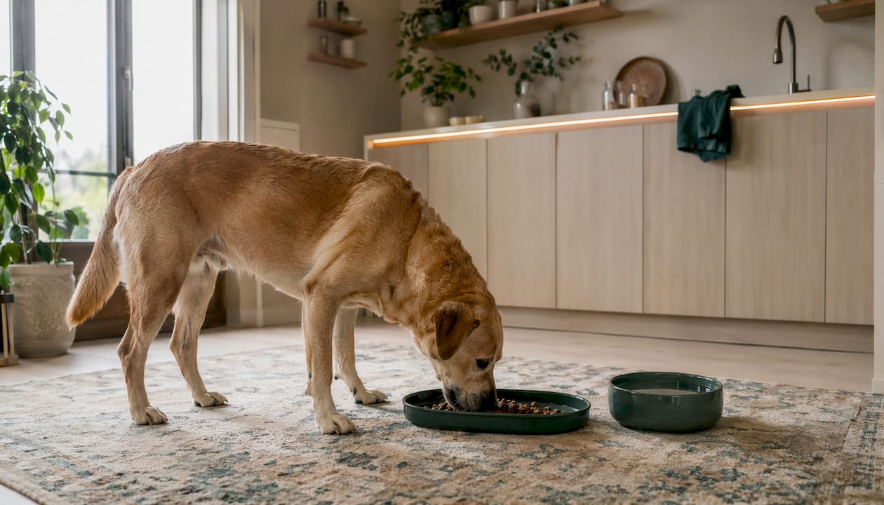 Der Hund frisst kleine Portionen direkt vom Tablett.