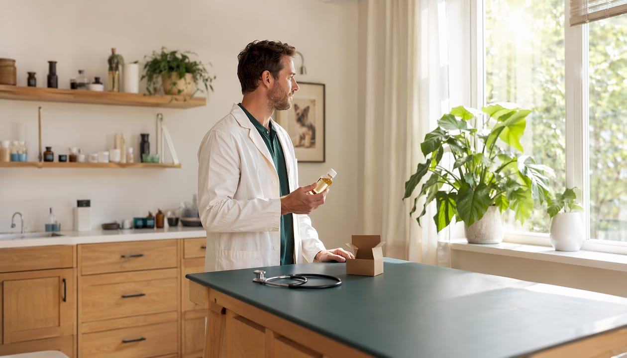 Eine Tierärztin präsentiert ein Fläschchen mit Omega-3-Präparaten.