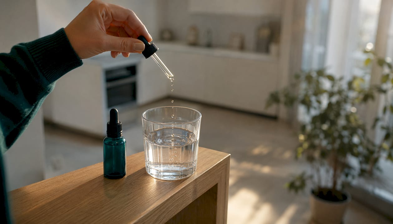Eine Flasche Lachsöl und die dazugehörige Pipette stehen am Waschbecken.