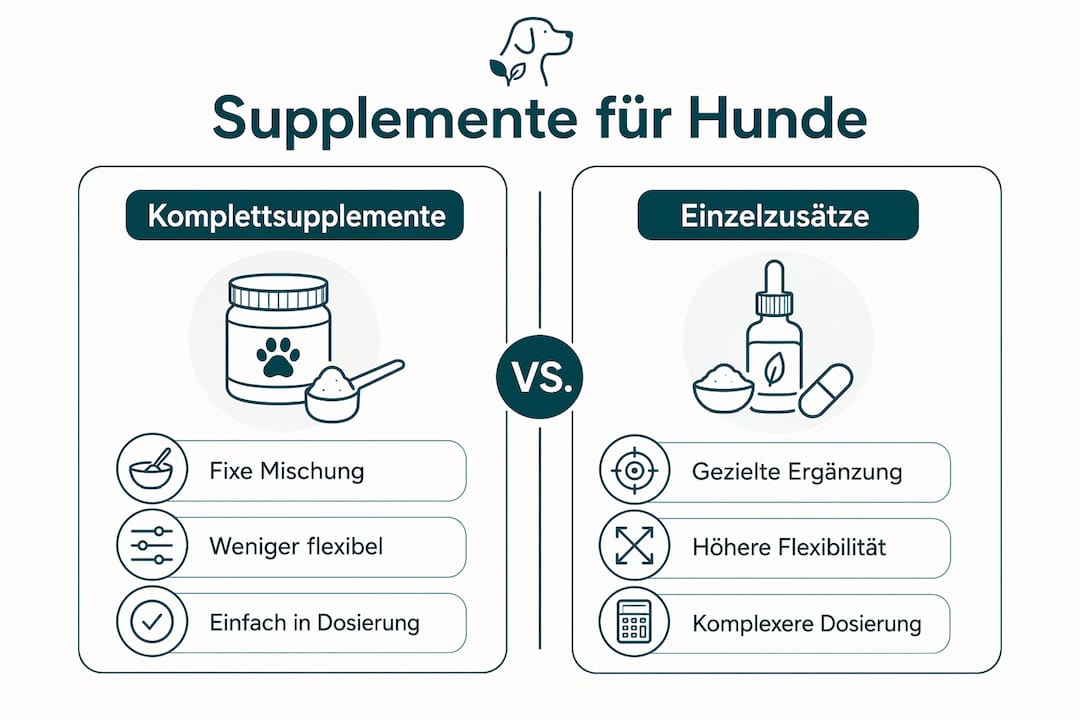 Infografik: Komplettpräparate vs. Einzelsupplemente – Die wichtigsten Unterschiede auf einen Blick