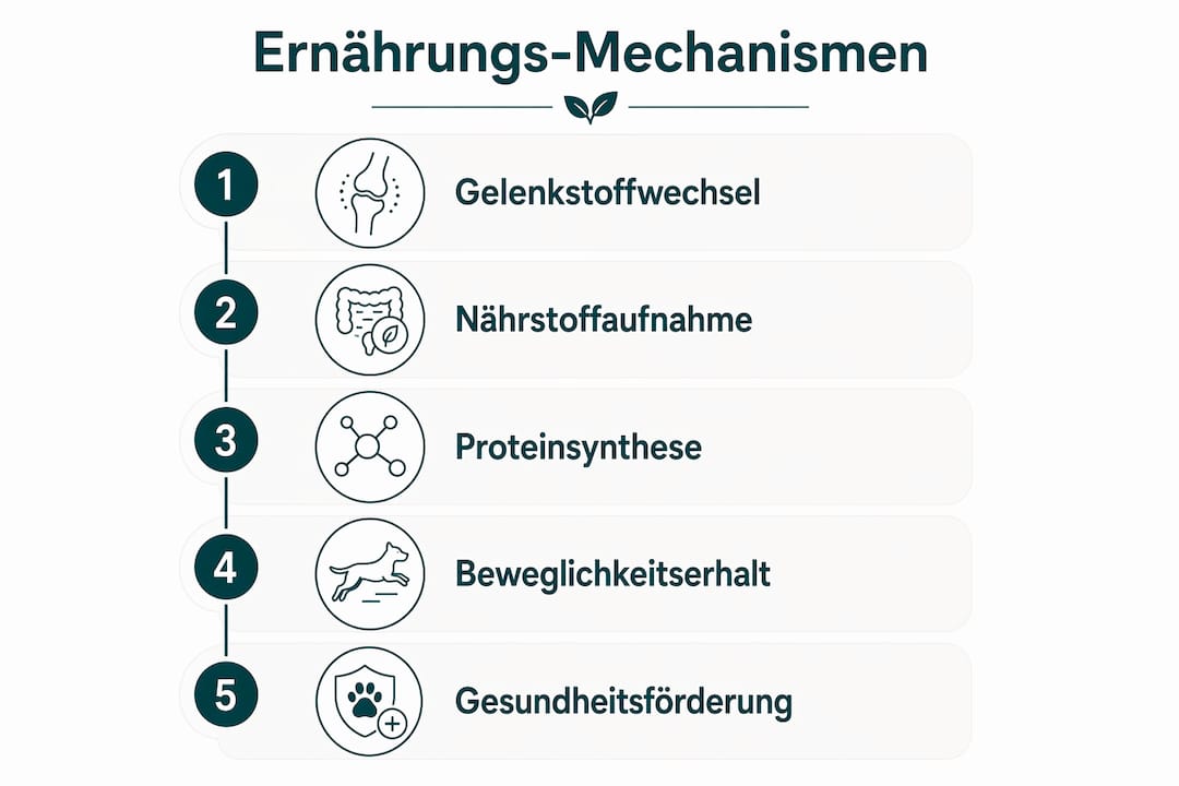 Eine Infografik veranschaulicht, wie sich die Ernährung in fünf unterschiedlichen Phasen auf die Bewegungsfreude von Hunden auswirkt.