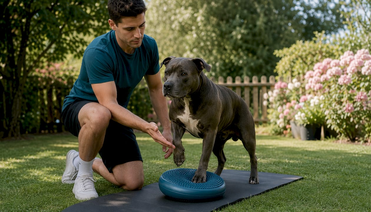 Unser Hund übt im Garten das Gleichgewicht halten.