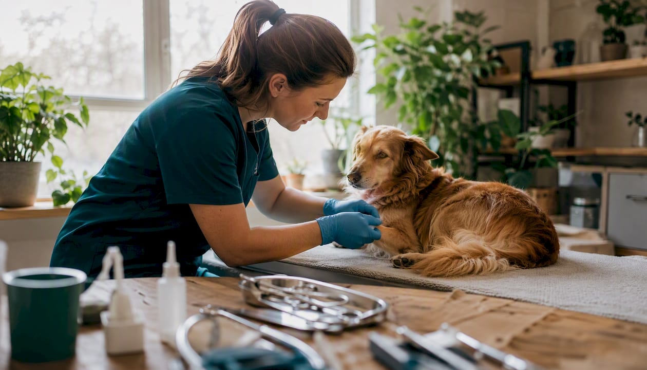 Im Behandlungsraum nimmt der Tierarzt den Hund genau unter die Lupe.