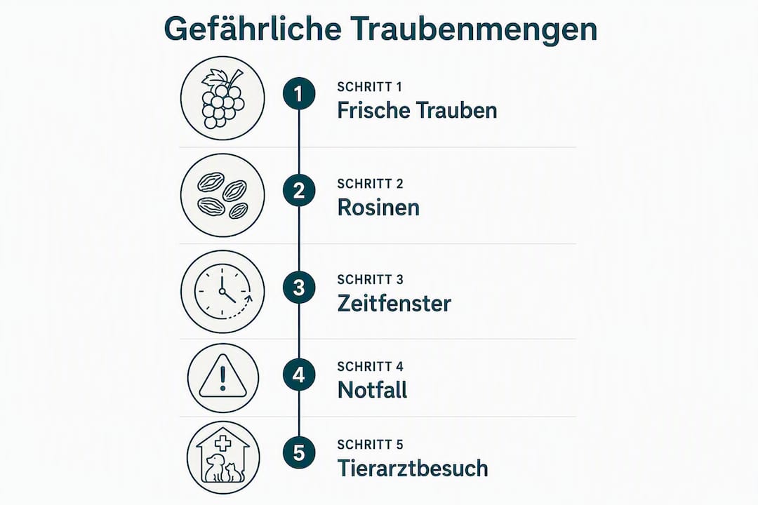Grafik veranschaulicht kritische Mengen und wichtige Maßnahmen bei einer Vergiftung durch Weintrauben.