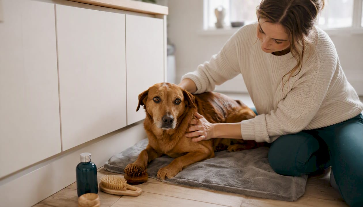Eine Frau pflegt das Fell ihres Hundes drinnen mit Kokosöl.