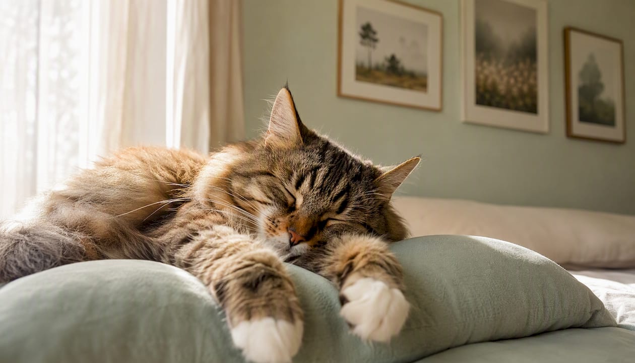 Eine Katze, die entspannt in ihrem ruhigen Zuhause die Seele baumeln lässt.